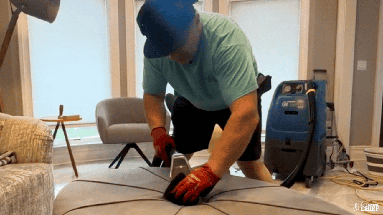 Couch steaming with professional carpet extractor and brushing of couch in Manhattan appartment
