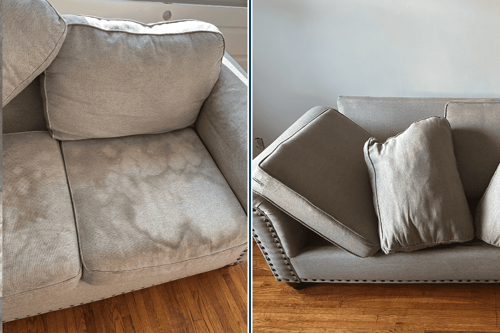 Before and after of linen couch steam extractionâ€”stains removed and fabric restored.