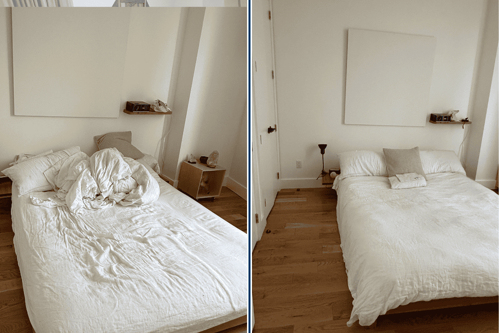Maid service transforming messy bed into hotel-grade tidy appearance.
