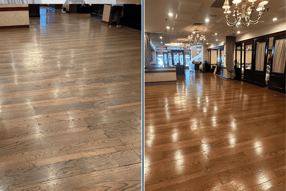 Before and after hardwood refinishing in Manhattan restaurantâ€”transformation from dull floors to high-gloss luxury finish.