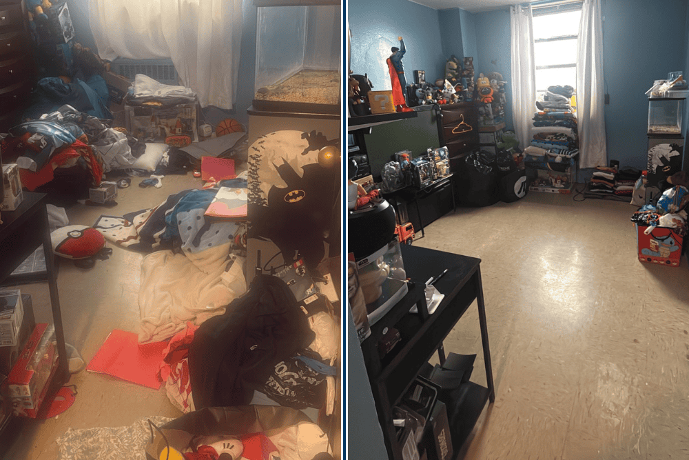 Professional kids' room organization with toys, clothes, and furniture neatly arranged.