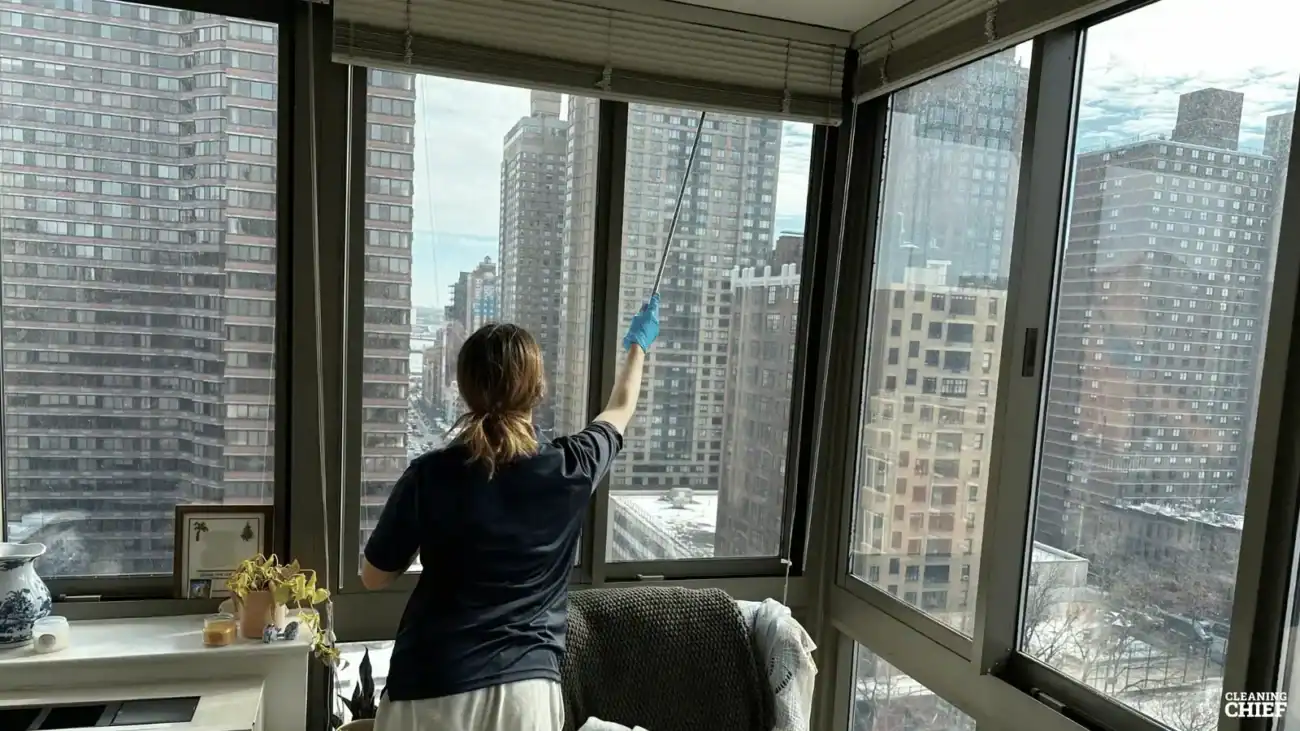 Sparkling window cleaning service in NYC skyscraper high-rise buildings.
